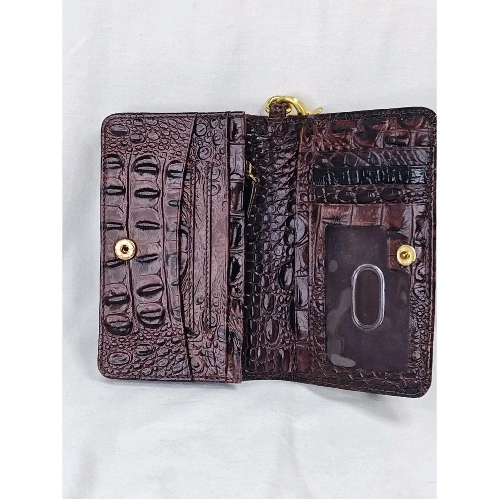 Brahmin Melbourne Pecan Crocodile Embossed Leather Bifold Wristlet Wallet Snap